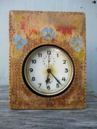 Gustav Becker Desk Alarm Clock Pyrography Wooden Box Antique