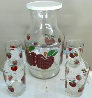 Vintage Idi Apple Design Juice Glass Carafe Pitcher With 4 Matching Glasses Vgc