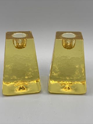 Rare Signed Fire And Light Recycled Glass Candle Holder Pair Citrus Yellow/gold