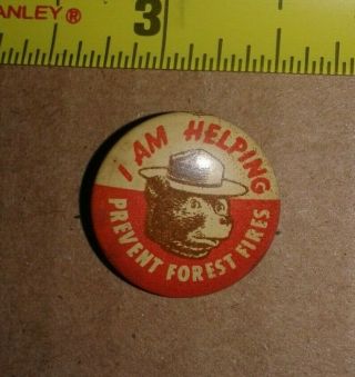 Vintage " I Am Helping " Prevent Forest Fires Smokey The Bear Metal Button Rare