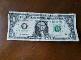2013 $1 One Dollar Bill Rare Low Serial 3 Of A Kind 777 Lucky Star Note