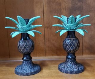 Set Of 2 Vintage Home Decor Palm Tree Pineapple Candle Holders Approx.  6 In Tall
