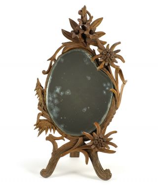 Unusual Antique Wood Carved Floral Design Standing Vanity Mirror 12 " Tall