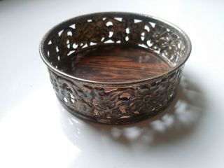 Antique Floral Silver Plate Wine Or Champagne Coaster With Wood Grain Bottom