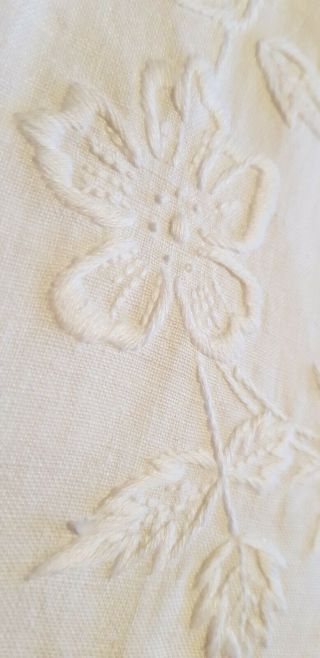 Vintage Antique White Linen Cotton Hand Embroidered Whitework Flowers Tablecloth