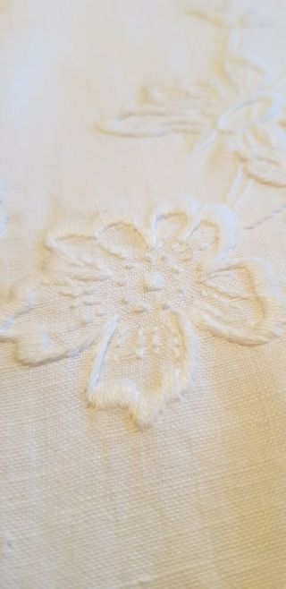 Vintage Antique White Linen Cotton Hand Embroidered Whitework Flowers Tablecloth 3
