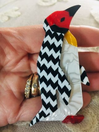 Vintage Lea Stein Paris Penguin Brooch Pin Old Celluloid Costume Rare