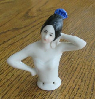 3” Vintage German Porcelain Half Doll - Art Deco - Flapper Lady Black Hair 5063