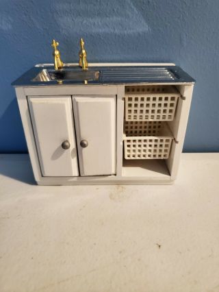 Vintage Wooden Miniature Dollhouse Furniture Kitchen Sink With Cabinet