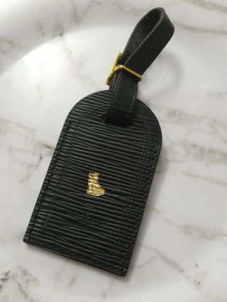 Rare Louis Vuitton Vtg Black Epi Leather Luggage Tag Gold Shibu Dog Hotstamp