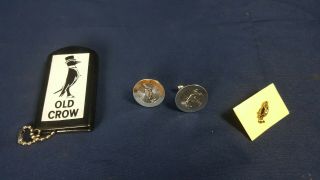 Rare Vintage Old Crow Bourbon Silver Cufflinks Keychain Tie Lapel Pin Vg