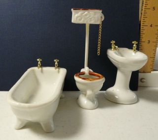 Vintage Miniature Toy Dollhouse White China Bathroom Set - Sink,  Bath Tub,  &toilet