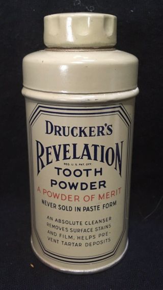 Antique Dental Tooth Powder Tin: Drucker’s Revelation Cond.  W/ Contents
