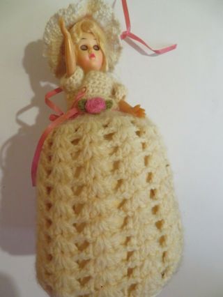 Vintage Hand - Made Toilet Paper Holder Doll In Crocheted Dress