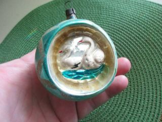 Antique German Christmas Ornament - Orb With Two Swans Indent