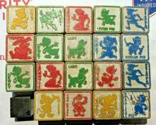 19 Antique Wood Blocks Alphabet Toy Disney Mickey Mouse Peter Pan Cinderella Pig