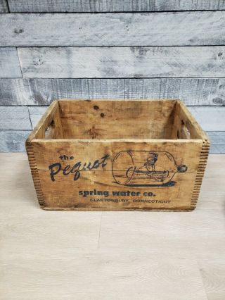Vtg Rare Wood Pequot Spring Water Bottle Crate Indian Awesome Graphics Ct