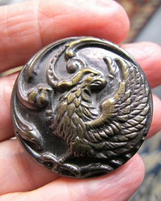 Lg 1 3/8 " Antique Brass Picture Button Phoenix Rising Dome Shape High Relief