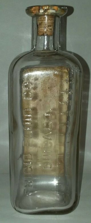 Antique FRIGID EMBALMING FLUID Embossed Bottle w RARE LABEL c.  1895 - 1915 2