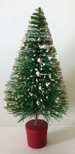 Antique German Putz Bottle Brush Snow Flocked Red Wood Base 7” Christmas Tree