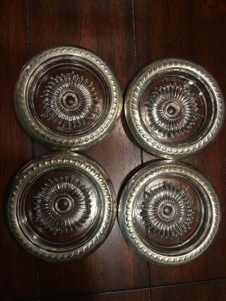 (x4) Vintage Signed " Stc " Sterling Silver Rimmed Cut Crystal Glass 4 " Coasters