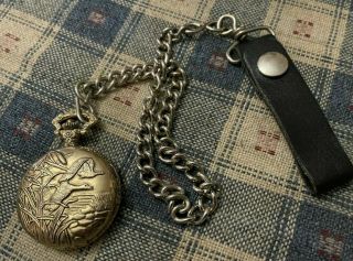 Rare Vintage Luxury Wind Up Pocket Watch & Chain Ducks Geese Hunting Nr