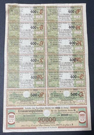 1922 Germany: German 20,  000 Mark Treasury Bond Coupons (rare Type)