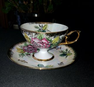 Royal Halsey Roses Luster Footed Teacup Saucer Gold Accent Iridescent Very Fine