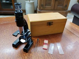 Vintage Wollensak - Rochester Usa 425 Power Microscope Wood Case