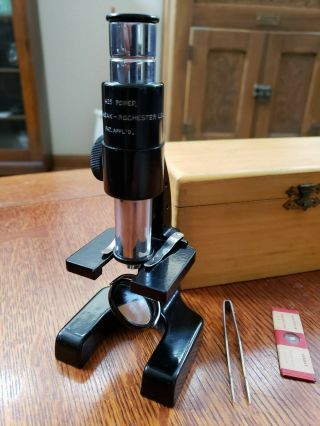 Vintage Wollensak - Rochester USA 425 Power Microscope Wood Case 2