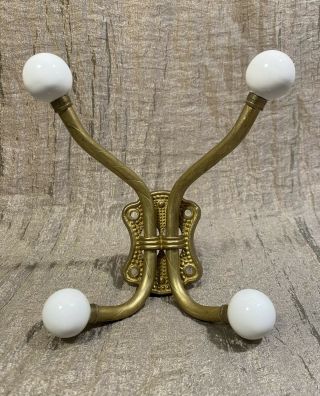 Vintage Brass And Porcelain Ball Wall Coat Rack Hanger - Mcm -