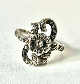 Antique Vintage Sterling Silver Marcasite Art Nouveau Style Ring : Uk: N