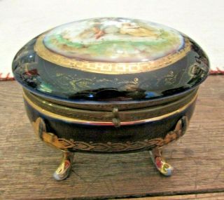Antique Cobalt Blue Gold Porcelain Jewelry Box Casket French Courting Couple