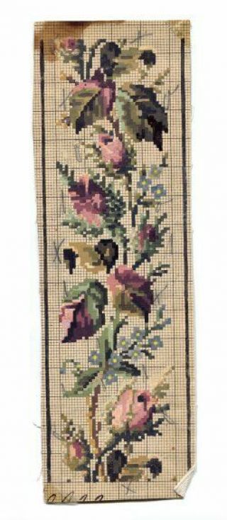 Antique Berlin Woolwork Hand Painted Chart Pattern Pink Roses Buds Repe