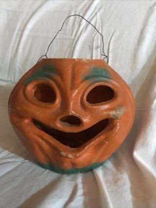 Vintage Halloween Paper Mache Pumpkin Jack O Lantern Creepy Rare Grinning Face