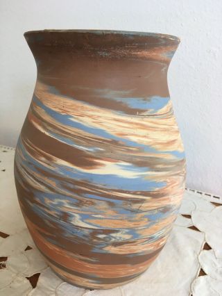 Big Vintage Antique Niloak ? Pottery Mission Swirl 9 " Tall Vase Brown Blue Tan