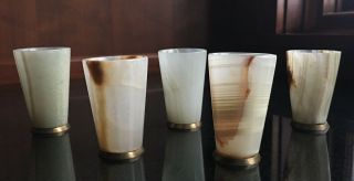 Vintage Rare Handcrafted Alabaster/onyx? With Brass Base - Shot Glasses - Set Of 6