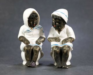 2 Antique Bisque African American Black Americana Figurines Kids On Pots 1900s