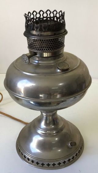 Antique Nickel Rayo Table Center Draft Oil Lamp Converted To Electric