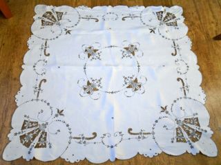 Madeira Ecru Linen & Lace Tablecloth Floral Brown Hand Embroidery & Cut Work