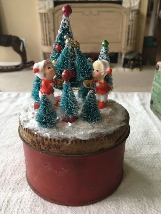 Antique Metal Can Christmas Bottle Brush Tree Mica Snow Napco Figures Glass Bead