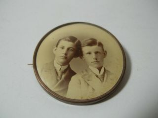 Vintage Antique Victorian Metal Photo Button Pin Brooch Two Young Boys