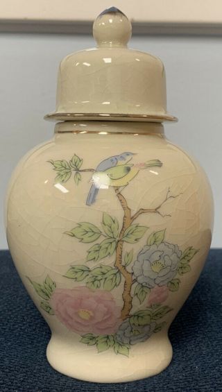 Vintage 4 1/2 " Asian Porcelain Ginger Jar Urn With Lid Flowers & Birds