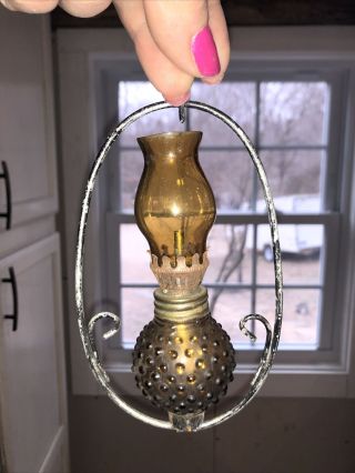 Vintage/ Antique Small Mini Hanging hobnail amber/gold/brown Hurrican Lamp Oil 3