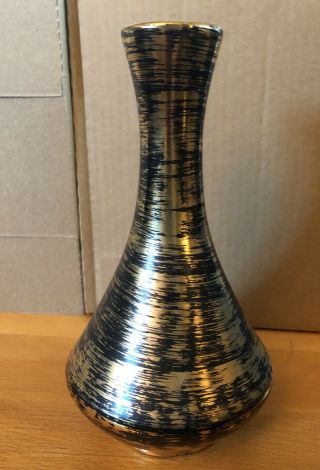 Vintage Stangl 8” Bud Vase Rare Black Gold Hand Brushed 22 Carat Gold