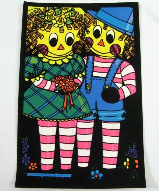 Vtg Raggedy Ann & Andy Doll Flocked Black Light Poster Pro Arts Uv Wall Print