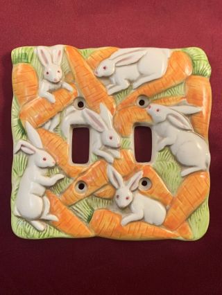 Vtg 3d Takahashi Ceramic Switch Plate Cover Rabbits Bunnies Carrots Hand Painted