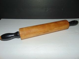 Vintage Antique Wooden Rolling Pin With Black Handles 19 " Long