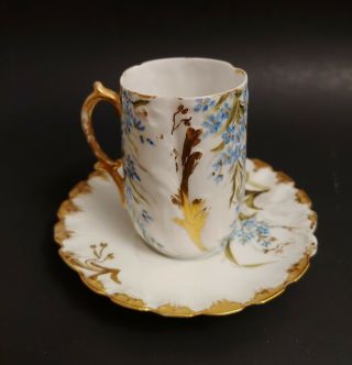 Antique French M.  Redon France Limoges Painted Small Chocolate Cup & Saucer NR 2