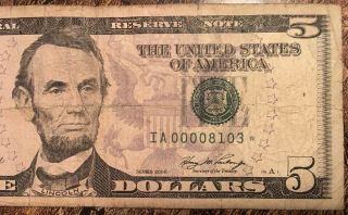 2006 $5 Dollar Bill Serial Low Number Rare Star Note 00008103 Five Dollars 3